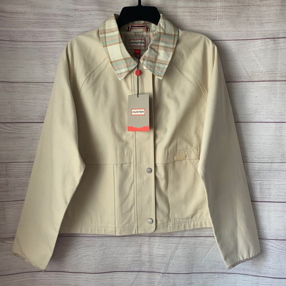 Hunter Cream Jacket Pastel Plaid Collar and Lining Zip and Button Up Size M